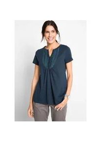 T-Shirt bonprix, Damen, Gr. 52/54 (XXL), blau (dunkelblau), Obermaterial: 100% Baumwolle, Shirts T-Shirt, leicht ausgestellte Passform, Rundhals-Ausschnitt mit Zierknopfleiste