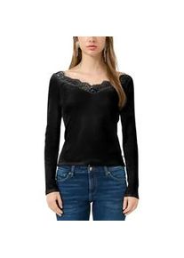 Langarmshirt QS, Damen, Gr. M (38), schwarz, Feinripp, Obermaterial: 100% Baumwolle, unifarben, tailliert h&uuml;ftbedeckend, V-Ausschnitt, Shirts Langarmshirt, mit Spitzen-V-Ausschnitt