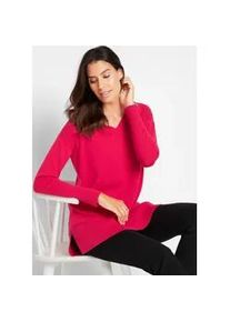 Longpullover bonprix "Long-Pullover", Damen, Gr. 44/46 (L), rot (granatrot), Obermaterial: 70% Baumwolle, 30% Polyamid, loose fit, V-Ausschnitt, Pullover Longpullover, aus Baumwolle und Polyamid, mit V-Ausschnitt, mit Seitenschlitzen