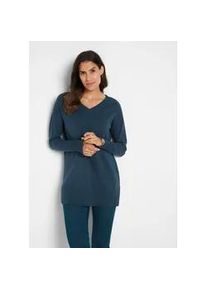 Longpullover bonprix "Long-Pullover", Damen, Gr. 36/38 (S), blau (dunkelblau), Obermaterial: 70% Baumwolle, 30% Polyamid, loose fit, V-Ausschnitt, Pullover Longpullover, aus Baumwolle und Polyamid, mit V-Ausschnitt, mit Seitenschlitzen