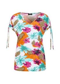 Print-Shirt GOLDNER "Kurzgr&ouml;&szlig;e Blusenshirt mit floralem Print", Damen, Gr. 20, bunt, gemustert, Obermaterial: 95% Viskose CV. 5% Elasthan EL., gerade, Shirts, Kordelzug an der Schulter