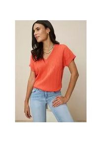 Kurzarmpullover Tamaris, Damen, Gr. 44/46, koralle, Strick, Obermaterial: 70% Viskose, 30% Polyamid, unifarben, oversize kurz, V-Ausschnitt, angeschnitten, Pullover, mit Streifenstruktur und l&auml;ssigem Schnitt