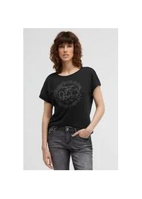 Rundhalsshirt SOCCX, Damen, Gr. S, schwarz, Single Jersey, Material: 100% Baumwolle, Glitzermuster, bedruckt, regular fit normal, Rundhals, angeschnitten B&uuml;ndchen, Shirts Rundhalsshirt, mit &uuml;berschnittenen Schultern