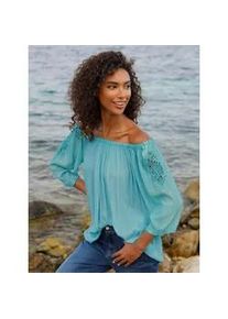 Schlupfbluse Heine, Damen, Gr. 42, t&uuml;rkis, 100% Viskose, gemustert, unifarben, Carmenausschnitt, Blusen Schlupfbluse