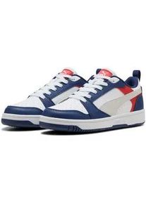Sneaker Puma "REBOUND V6 LO JR", Damen, Gr. 38, blau jewel, feather gray, Puma wei&szlig;, Synthetik, mehrfarbig, Schuhe Sneaker, mit Schn&uuml;rverschluss, d&auml;mpfendes Fu&szlig;bett, aus Synthetik