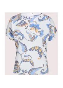 Madeleine Mode Longpullover MADELEINE "Strickpullover Druckpullover mit Allover-Print", Damen, Gr. 44/46, wei&szlig;, azurblau, multicolor, Obermaterial: 50% Baumwolle CO. 50% Polyester PES., Modern, schmal, Pullover Longpullover, Gerippte Abschl&uuml;sse