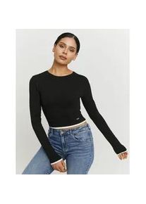 Langarmshirt Tally Weijl "STSCOCUFFA", Damen, Gr. L, schwarz, Jersey, Obermaterial: 50% Baumwolle, 45% Modal, 5% Elasthan, figurbetont normal, Rundhals, Shirts Langarmshirt, Baumwollmischung, Basic Shirt, bauchfrei