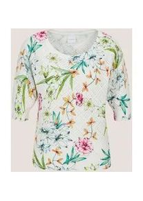 Madeleine Mode Longpullover MADELEINE "Strickpullover Ajourpullover mit floralem Muster", Damen, Gr. 40/42, wei&szlig; (wollwei&szlig;, multicolor), Obermaterial: 100% Baumwolle CO., Modern, gerade, Pullover Longpullover, Luftiges Ajour-Muster