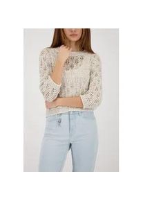 Strickpullover monari "Pullover Ajour", Damen, Gr. 46, beige, Strick, Obermaterial: 59% Baumwolle, 19% Polyacryl, 18% Viskose, 4% metallisierte Fasern, unifarben, regular fit taillenbedeckt, Rundhals, eingesetzt Rippb&uuml;ndchen, Pullover Strickpullover, Regular fit mit gl&auml;nzenden Details