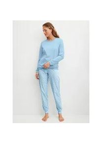 Schlafanzug Calida "Lovely Nights", Damen, Gr. S (40/42), cascade blau, Single Jersey, Obermaterial: 100% Baumwolle, bequem lang, Rundhals, angesetztes B&uuml;ndchen, Homewear-Sets Schlafanzug, Oberteil uni, Hose gestreift, Rundhalsausschnitt, weich, Langarm