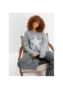 Strickpullover bonprix "Pullover mit Stern", Damen, Gr. 52/54 (XXL), grau (grau meliert), Obermaterial: 53% Polyacryl, 22% Polyester, 15% Polyamid, 7% Wolle, 3% metallisierte Fasern, oversize, Pullover Strickpullover, mit metallisierten Fasern, mit Stern-Design, Oversize Passform