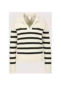 Madeleine Mode Longpullover MADELEINE "Strickpullover Sommerpullover im Streifen-Look", Damen, Gr. 40/42, schwarz (perlwei&szlig;, schwarz), Obermaterial: 90% Schurwolle WV. 10% Kaschmir WS., Modern, Pullover Longpullover, Polokragen mit V-Ausschnitt