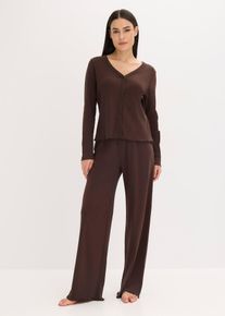 bonprix Pyjama aus Rippe mit Knopfleiste, braun, Gr.44/46 (L), Moderner Pyjama aus Rippe mit Knopfleiste und weiter Hose, aus 100% Baumwolle,Rippware