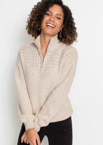 bonprix Troyer Pullover mit Ajourmuster, beige, Gr.36/38 (S), Kuscheliger Pullover mit Rei&szlig;verschluss