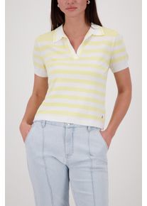 Poloshirt monari "Pullover Polo Ringel", Damen, Gr. 46, pastgelbger, Web, Obermaterial: 63% Viskose, 37% Polyacryl, geringelt, regular fit taillenbedeckt, V-Ausschnitt, eingesetzt gerader Abschluss, Shirts Poloshirt, Regular fit mit Streifen