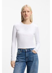 Langarmshirt HUGO BLUE "Daliriee", Damen, Gr. S (36), wei&szlig; 100, Single Jersey, Obermaterial: 94% Baumwolle, 6% Elasthan, unifarben, figurbetont taillenbedeckt, Rundhals, abgesteppte Kante, Shirts Langarmshirt, cropped, Rundhals, mit Strassbesatz
