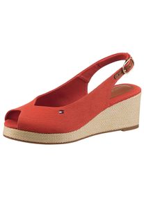 Keilsandalette Tommy Hilfiger "FLAG MID WEDGE ESPAD SLINGBACK", Damen, Gr. 36, rot (coralle), Leder, Textil, Schuhe Keilsandalette, Plateau, Sommerschuh, Riemchensandale mit verstellbarer Schnalle