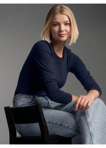 Longsleeve TRIGEMA "TRIGEMA Langarmshirt", Damen, Gr. L, blau (navy), Feinstrick, 95% Baumwolle, 5% Elastan, Basic, lang, Rundhals, Shirts Longsleeve