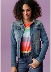Jeansjacke Aniston CASUAL, Damen, Gr. 34, blau (used, blau), Web, Obermaterial: 98% Baumwolle, 2% Elasthan, used, figurbetont kurz, &Auml;rmel mit &Auml;rmelschlitz 1-Knopf-Manschette mit Kn&ouml;pfen, Jacken Jeansjacke, in Used-Waschung