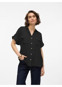 V&eacute;ro Moda Kurzarmbluse VERO MODA "VMBUMPY S/S SHIRT WVN GA NOOS", Damen, Gr. XS, schwarz, Web, Obermaterial: 100% Viskose, unifarben, regular fit normal, V-Ausschnitt, mit Aufschlag, Blusen Kurzarmbluse, Viskose, regular fit