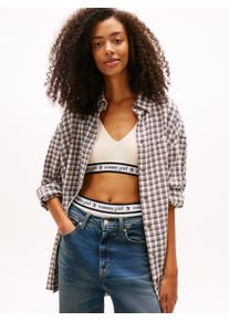 Karobluse Tommy Jeans "TJW OVS CHIECKED SHIRT EXT", Damen, Gr. L (40), beige tartan, Web, Obermaterial: 99% Baumwolle, 1% Elasthan, kariert, regular fit, Blusen Karobluse