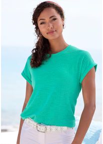 T-Shirt Vivance "mit modischer Struktur", Damen, Gr. 36/38, blau (t&uuml;rkis), Strick, Obermaterial: 65% Polyester (REPREVE), 35% Baumwolle, Strukturmuster, unifarben, Basic, bequem, Rundhals, mit Aufschlag Aufschlag, Shirts T-Shirt, aus b&uuml;gelfreier Qualit&auml;t mit Baumwolle, Topseller