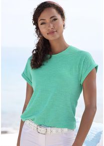 T-Shirt Vivance "mit modischer Struktur", Damen, Gr. 40/42, blau (t&uuml;rkis), Strick, Obermaterial: 65% Polyester (REPREVE), 35% Baumwolle, Strukturmuster, unifarben, Basic, bequem, Rundhals, mit Aufschlag Aufschlag, Shirts T-Shirt, aus b&uuml;gelfreier Qualit&auml;t mit Baumwolle, Topseller