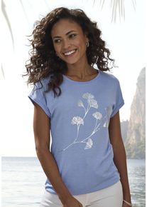 Kurzarmshirt Lascana "mit schimmerndem Blumenprint", Damen, Gr. 36/38, blau (hellblau), Single Jersey, Obermaterial: 95% Viskose (LENZING&trade; ECOVERO&trade;), 5% Elasthan, bedruckt, bequem normal, Rundhals, mit Aufschlag, Shirts Kurzarmshirt, aus elastischer Viskose-Qualit&auml;t, Topseller