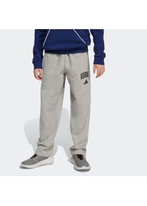 Sporthose adidas Sportswear "SAISON ESSENTIALS COLLEGE TYPOGRAPHIE KINDER", Damen, Gr. 128, N-Gr, grau (medium grau heather, schwarz,), Obermaterial: 55% Baumwolle, 36% Polyester, 9% Viskose, Hosen Sporthose, f&uuml;r Kinder und Teens, sportlicher Stil, mit Seitentaschen
