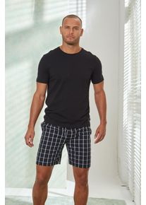 Pyjama AUTHENTIC LE JOGGER, Herren, Gr. 44/46 (S), schwarz (schwarz, kariert), Jersey, Obermaterial: 100% Baumwolle. Obermaterial Hose: 100% Baumwolle, kariert, Basic, bequem lang, Rundhals, abgesteppte Kante, Homewear-Sets Pyjama, Schlafanzug mit karierter Webhose