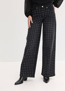bonprix Wide-Leg-Jeans Mid Waist mit Strassapplikation, schwarz, Gr.44, Loose Straight-Jeans Mid Waist mit Strassapplikation, 98% Baumwolle