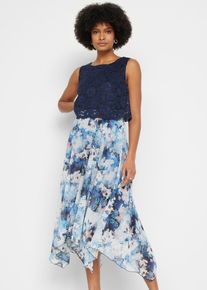 bonprix Chiffonkleid mit feiner Spitze, blau, Gr.38, Elegantes Zipfelkleid aus feinem Chiffon in Midi-L&auml;nge mit Spitze im Oberteil