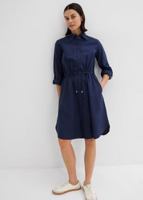 bonprix Hemdblusenkleid aus Leinen-Baumwoll-Mix, blau, Gr.50, Modisches Kleid mit Taschen und Gummizug in der Taille, knieumspielend, aus Leinen