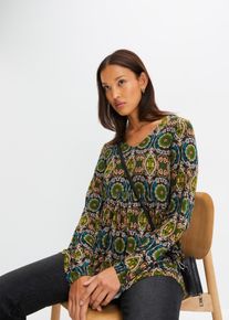 bonprix Long-Tunika aus flie&szlig;ender Viskose, schwarz, Gr.40/42 (M), Lockere Shirtbluse mit V-Ausschnitt und herbstlichem Print, aus Viskose