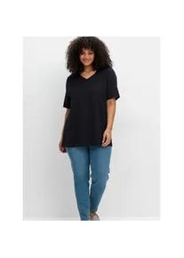 T-Shirt sheego "T-Shirt", Damen, Gr. 52/54, blau (tiefblau), 100% Baumwolle, unifarben, V-Ausschnitt, Shirts T-Shirt