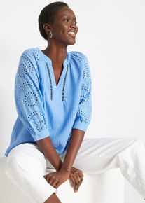 bonprix Tunika aus luftigem Musselin, blau, Gr.36, Sch&ouml;ne Musselin-Tunika mit modischer Lochstickerei, aus 100% Baumwolle,Musselin