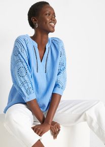 bonprix Tunika aus luftigem Musselin, blau, Gr.46, Sch&ouml;ne Musselin-Tunika mit modischer Lochstickerei, aus 100% Baumwolle,Musselin