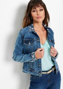 bonprix Jeansjacke mit Stickerei, blau, Gr.48, moderne verspielte Jeansjacke mit Blumenstickerei von Premium, 76% Baumwolle