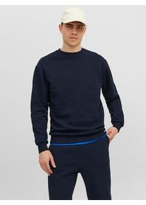 Jack & Jones Sweatshirt JACK & JONES "JJEBRADLEY mit Rippb&uuml;ndchen f&uuml;r Alltag und Freizeit", Herren, Gr. XL, blau (navy blazer), angeraute Sweatware, Obermaterial: 61% Polyester, 39% Baumwolle, unifarben, relaxed fit normal, Rundhals, Rippb&uuml;ndchen, Sweatshirts Sweatshirt, Materialmix, relaxed fit