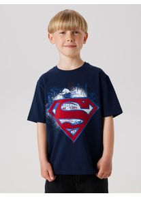 T-Shirt name it "NKMJAGS SUPERMAN NREG SS TOP WAB", Jungen, Gr. 146/152, blau (navy blazer), Jersey, Obermaterial: 95% Baumwolle, 5% Elasthan, bedruckt, relaxed fit normal, Rundhals, Shirts T-Shirt