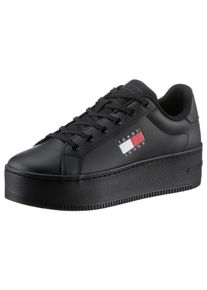 Plateausneaker Tommy Jeans "TJW FLATFORM ESS", Damen, Gr. 41, schwarz, Leder, Lederimitat, Textil, Schuhe Plateausneaker, Freizeitschuh, Halbschuh, Schn&uuml;rschuh mit gepolstertem Schaftrand
