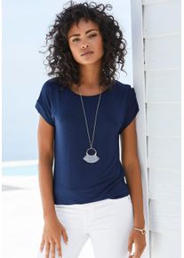 Kurzarmshirt Vivance "mit Gummizug im Bund", Damen, Gr. 44/46, blau (navy), Obermaterial: 95% Viskose, 5% Elasthan, unifarben, Basic, bequem normal, Rundhals, angeschnitten, Shirts Kurzarmshirt, aus weichem Viskose-Stretch, Topseller