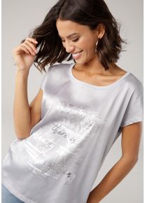 Shirtbluse Laura Scott, Damen, Gr. 40, grau (grau, silberfarben), Web, Obermaterial: 100% Polyester. R&uuml;ckenteil: 95% Viskose, 5% Elasthan, bedruckt, metallic, unifarben, figurumspielend h&uuml;ftlang, Rundhals, Blusen Shirtbluse, aus Satin mit dezentem Aufdruck, Topseller