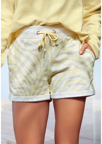 Relaxshorts Lascana, Damen, Gr. 44/46, N-Gr, grau (hellgelb, hellgrau, gemustert), angeraute Sweatware, Obermaterial: 50% Baumwolle, 50% Polyester, kurz, Hosen Relaxshorts, mit seitlichen Eingrifftaschen, Loungeanzug