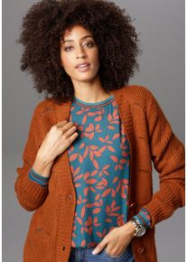 Longstrickjacke Aniston SELECTED, Damen, Gr. 46, braun (zimt), Strick, Obermaterial: 100% Polyacryl, l&auml;ssig geschnitten ca. Mitte Oberschenkel, V-Ausschnitt, Rippstrickb&uuml;ndchen, Strickjacken Longstrickjacke, mit Lochstrick-Muster, Topseller