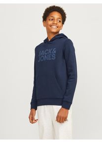 Jack & Jones Kapuzensweatshirt JACK & JONES JUNIOR "JJECORP mit Druck, K&auml;ngurutasche, pflegeleicht", Jungen, Gr. 176, blau (navy blazer), angeraute Sweatware, Obermaterial: 70% Baumwolle, 30% Polyester, bedruckt, regular fit normal, Rundhals, Rippb&uuml;ndchen, Sweatshirts Kapuzensweatshirt, Baumwollmischung, regular fit
