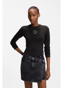 Langarmshirt HUGO BLUE "Daliriee", Damen, Gr. M (38), schwarz 001, Single Jersey, Obermaterial: 94% Baumwolle, 6% Elasthan, unifarben, figurbetont taillenbedeckt, Rundhals, abgesteppte Kante, Shirts Langarmshirt, cropped, Rundhals, mit Strassbesatz