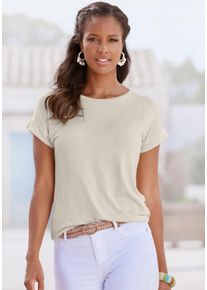 Kurzarmshirt Vivance "mit Gummizug im Bund", Damen, Gr. 44/46, beige, Obermaterial: 95% Viskose, 5% Elasthan, unifarben, Basic, bequem normal, Rundhals, angeschnitten, Shirts Kurzarmshirt, aus weichem Viskose-Stretch, Topseller