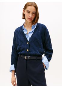 Strickjacke Tommy Hilfiger "SOFT WOOL CABLE CARDIGAN", Damen, Gr. M (38), blau (schwarz night navy), Strick, Obermaterial: 100% Wolle, unifarben, normal, V-Ausschnitt, B&uuml;ndchen, Strickjacken Strickjacke, mit Zopfmuster, aus reiner Wolle