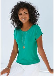 Kurzarmshirt Vivance "mit Gummizug im Bund", Damen, Gr. 44/46, gr&uuml;n, Obermaterial: 95% Viskose, 5% Elasthan, unifarben, Basic, bequem normal, Rundhals, angeschnitten, Shirts Kurzarmshirt, aus weichem Viskose-Stretch, Topseller